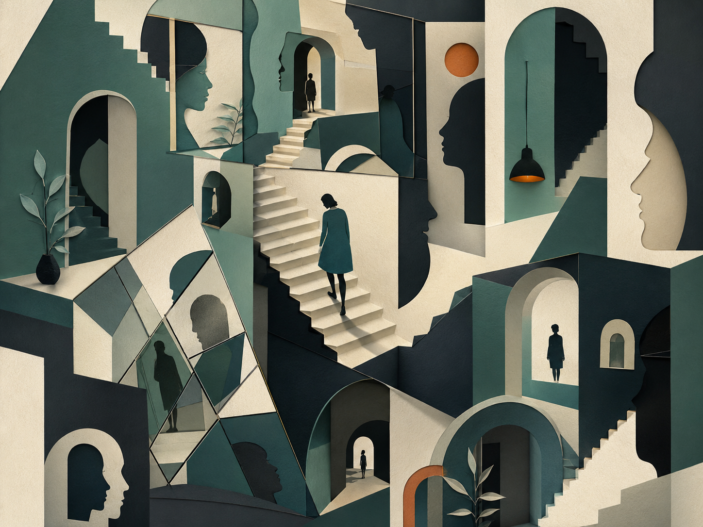 Illustration of a mirrored architectural maze with fragmented silhouettes and a falling figure, representing psychological patterns as structures of perception.