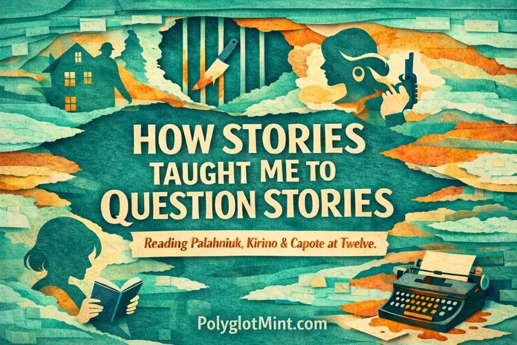 Paper-cut style horizontal cover in teal and mint with warm orange accents, showing a long-haired woman's silhouette filled with a glowing mosaic mind, three stacked books in the foreground, and the title Mint's Life: How Stories Taught Me to Question Stories.